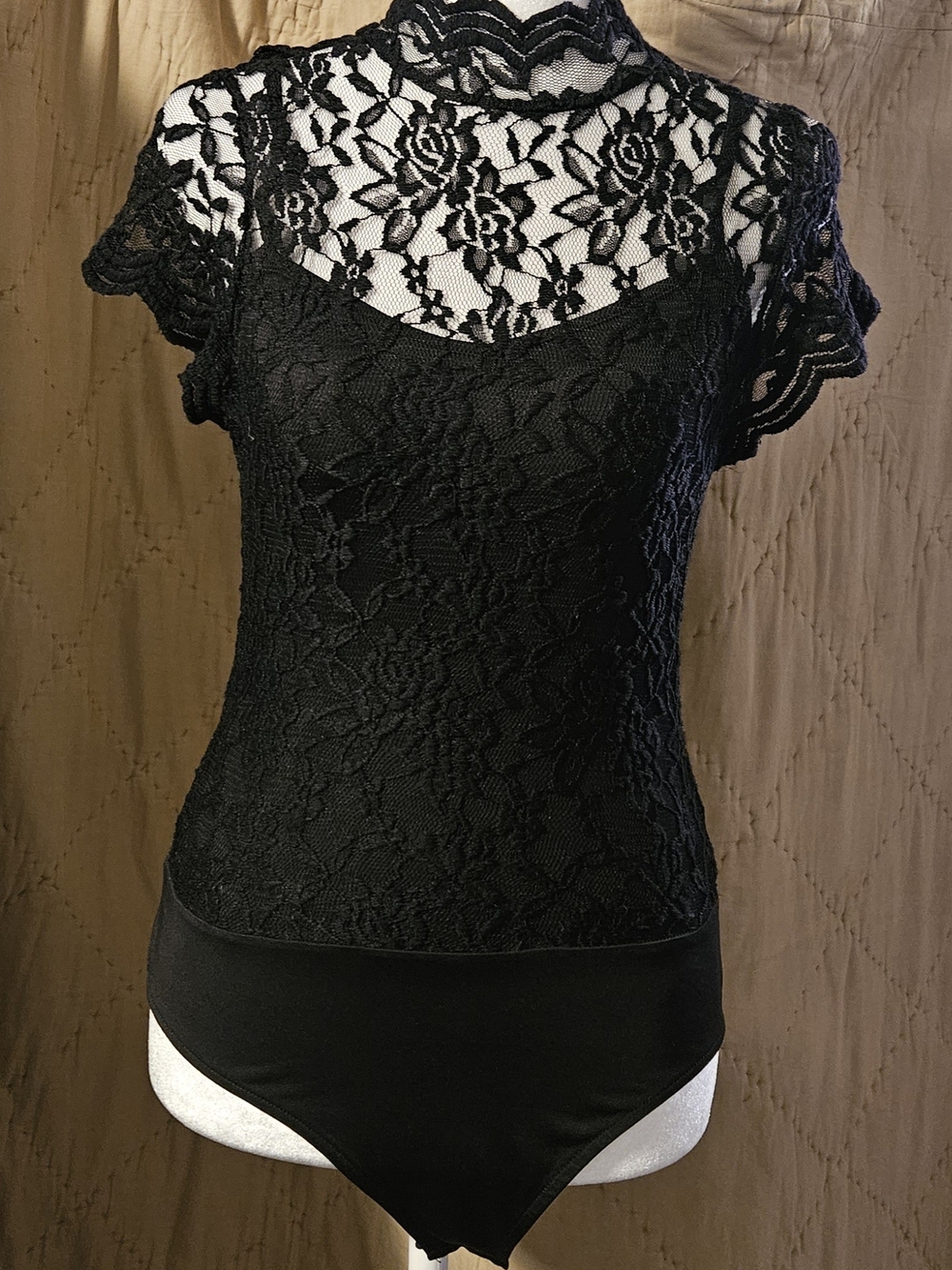 Shinestar Women’s Small Black Floral Lace Bodysuit Mock Neck Sheer Keyhole